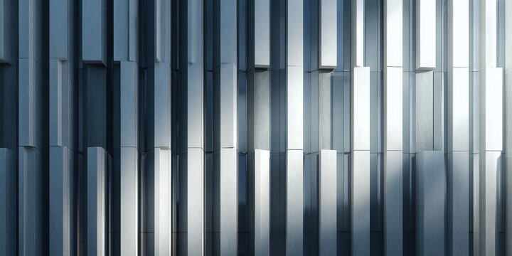 Detailed view of a modern metallic building facade with staggered vertical panels.