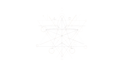 Intricate white geometric symbol composed of triangles circles and lines on black
