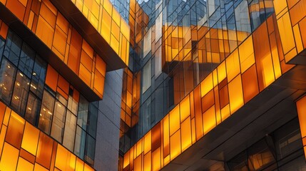 Dynamic Modern Building Facade with Orange Illuminated Glass and Reflections