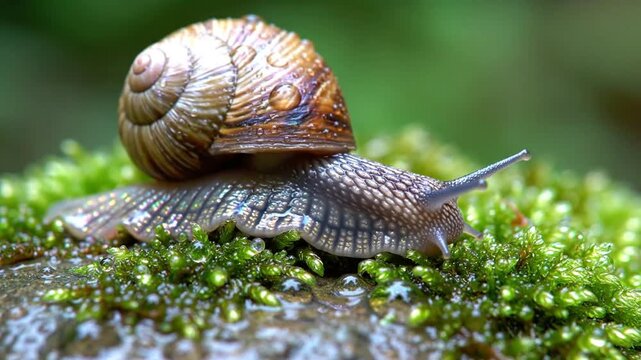 Close-up view of a snail crawling on moss in a natural setting