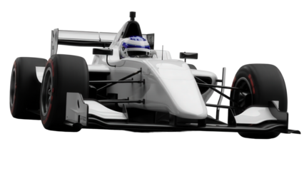 A sleek, dynamic white formula racing car, isolated on a clean background, emphasizes high-speed performance.