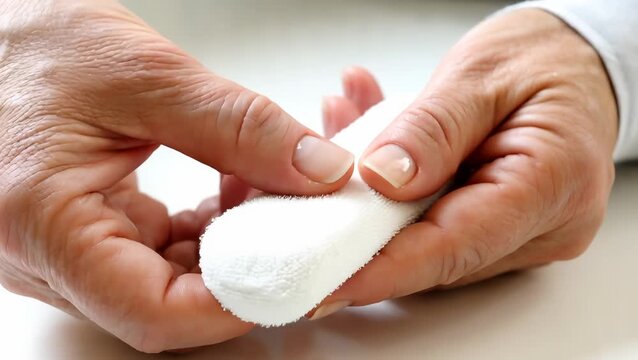 Hands of a Mature Adult Applying a Bandage for First Aid Care