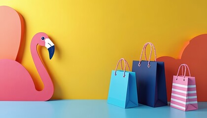 Group of colorful shopping bags stand before a pink flamingo cutout against a bright yellow backdrop. Offers a playful abstract background for retail promotions or summer sales events.