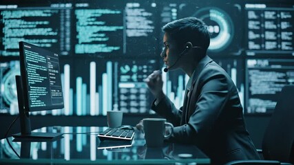 Female analyst works on a computer in a control room. This financial analyst monitors stock data. The analyst works with code on multiple screens. This is a futuristic data and technology center. - Powered by Adobe