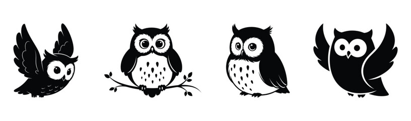 Fototapeta premium Illustrations of owls in different poses and flight on a white background