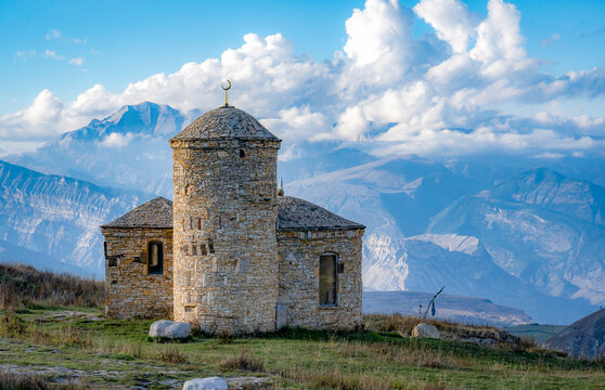 Matlas Mosque on the background of mountains. Matlas plateau, Khunzakh district, Dagestan. Russia