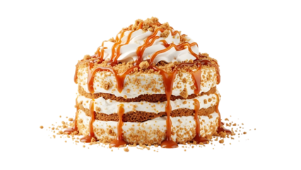 Delicious caramel cake with whipped cream and crushed nuts topping