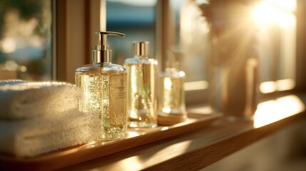 Luxury Eco-Friendly Hotel Bathroom Amenities with Golden Morning Sunlight.