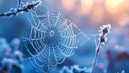 Close up of frozen spider web covered in frost during winter sunrise with beautiful bokeh