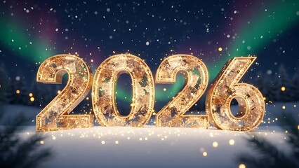 Golden numbers 2026 glittering on a snowy surface with aurora borealis and falling snow.