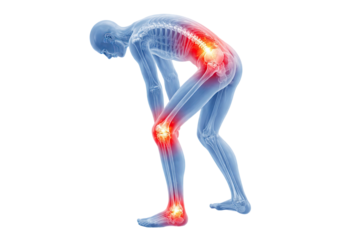 Human skeletal system joint pain with highlighted knee ankle hip inflammation medical anatomy x-ray illustration isolated on white background