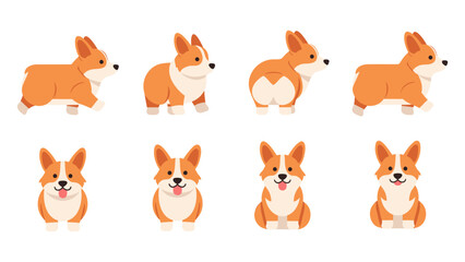 Naklejka premium Collection of cartoon corgis in various poses and expressions showcasing petcare and lifestyle
