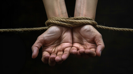 Manos de mujer atrapadas por una soga como símbolo de la opresión machista