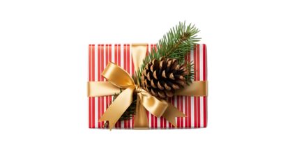 Red and white striped gift box with gold ribbon pine cone and fir branch present