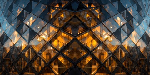 Fototapeta premium Symmetrical Geometric Glass Facade with Warm Orange Light Reflections