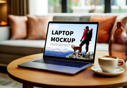 Laptop Mockup on Coffee Table in Living Room