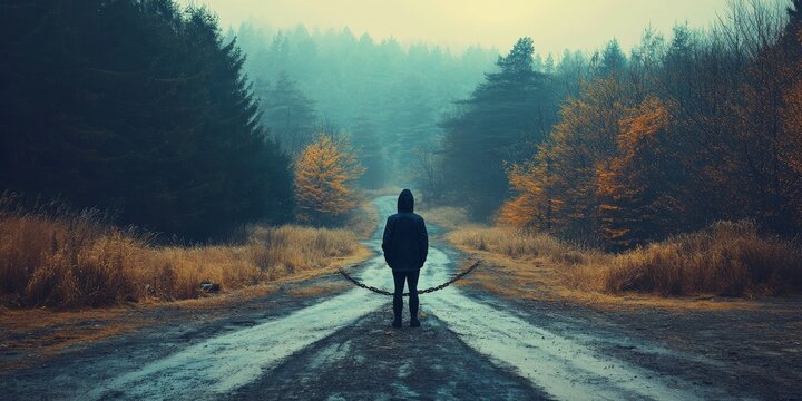 Lonely man feeling trapped and desperate on a crossroads in the woods
