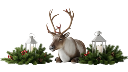 Reindeer lying down with Christmas greenery and lanterns caribou holiday