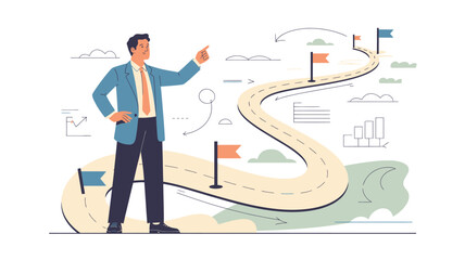 A businessman points forward along a winding road with flags marking milestones and data charts