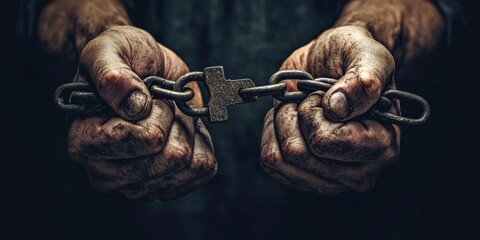 Worker holding rusty chains in strong hands symbolizing imprisonment