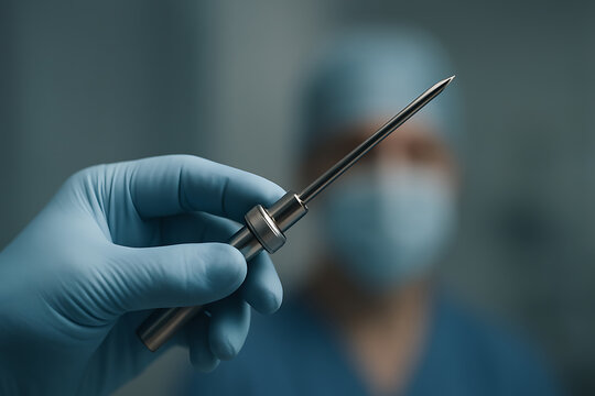 Surgeon hand in blue glove holding a long surgical trocar needle for biopsy procedure