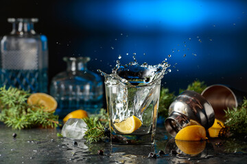 Slice of lemon fall in glass with cocktail, creating beautiful splashes.