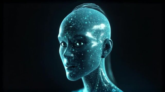 Futuristic humanoid figure with glowing blue skin and starry texture.