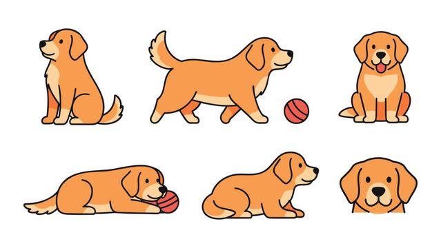 Collection of cartoon dogs playing with balls in various poses on a white background from multiple viewpoints