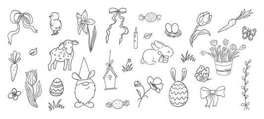 Easter spring set basket with flowers, eggs and bows. Chickens, leaves sketchy free hand spring bouquet. Easter cute set.  © Alyona