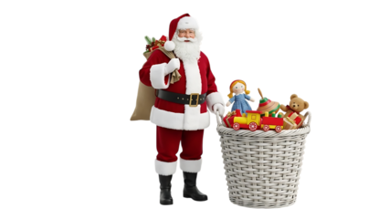 Santa Claus with sack of gifts and basket of toys Father Christmas