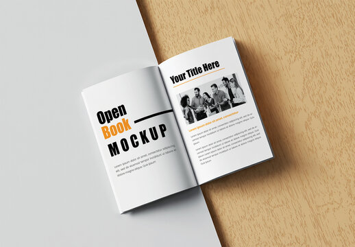 Open Softcover Book Mockup on Wood Table