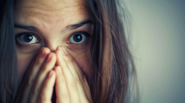 Mujer tap&aacute;ndose la boca con gesto de preocupaci&oacute;n