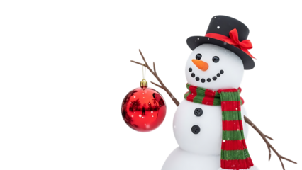 Snowman wearing a hat and scarf holding a red ornament winter christmas