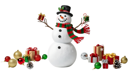 Snowman with Christmas presents and ornaments on black background gifts