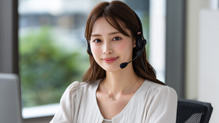 Young Japanese woman working at call center with headset in modern office 1