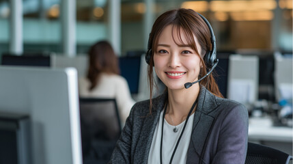 Young Japanese woman working at call center with headset in modern office 3