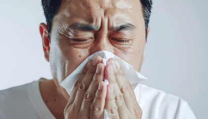 Overweight Asian man covering nose and mouth with tissue while sneezing, isolated on white background. Health, hygiene, allergy, flu prevention, and respiratory illness awareness concept.