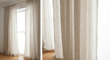 Sheer beige curtains gently draping over a window, allowing soft natural light to filter through, creating a warm and inviting atmosphere in a cozy interior space