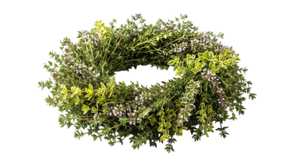 Thyme herb wreath with small white flowers on black background circular green