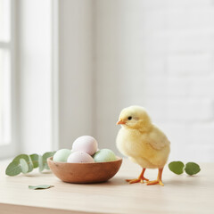 Yellow chick standing beside a wooden bowl filled with pastel-colored eggs, surrounded by greenery, creating a serene and festive atmosphere for spring celebrations
