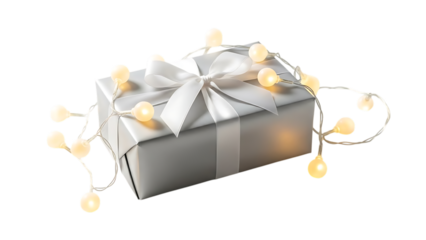 White gift box with white ribbon and glowing string lights on black present