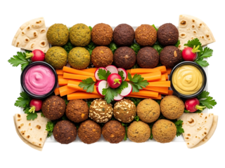 Delicious falafel platter with pita bread and dipping sauces