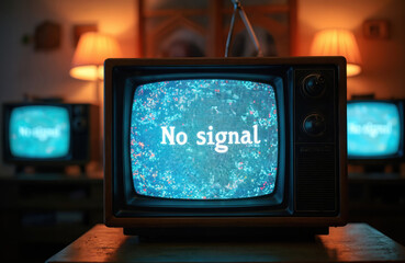 Retro television displays static No Signal text on fuzzy blue screen. Other old TVs with same message glow dimly in dark room. Nostalgic analog tech, fuzzy screen.