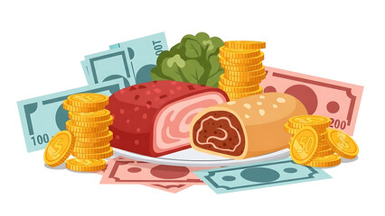 Illustrative representation of food economics, showcasing meat and currency to symbolize grocery costs, household budgets, and the financial impact of daily meals