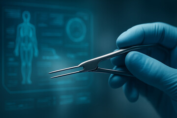 Surgeon hand in blue glove holding surgical forceps in front of a digital anatomy interface
