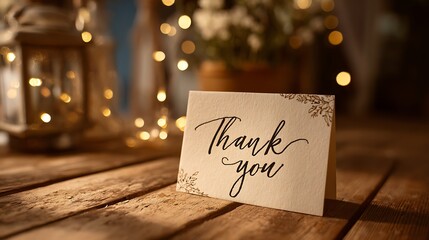 A "Thank you" card with elegant script and decorative corners rests on a rustic wooden table, surrounded by warm, blurred fairy lights and a lantern in the background.