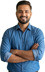 Indian Middle age successful smiling business man half body portrait with crossed arms in blue shirt isolated on transparent background