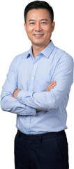 Chinese Middle age successful smiling business man half body portrait with crossed arms in blue shirt isolated on transparent background