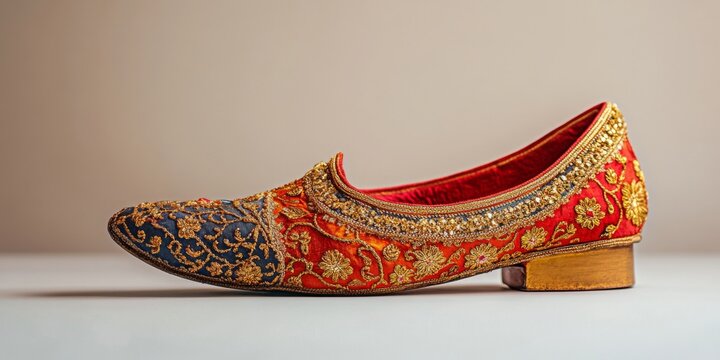 Traditional indian jutti shoe embroidered with gold and jewels