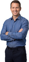 European Middle age successful smiling business man half body portrait with crossed arms in blue shirt isolated on transparent background
